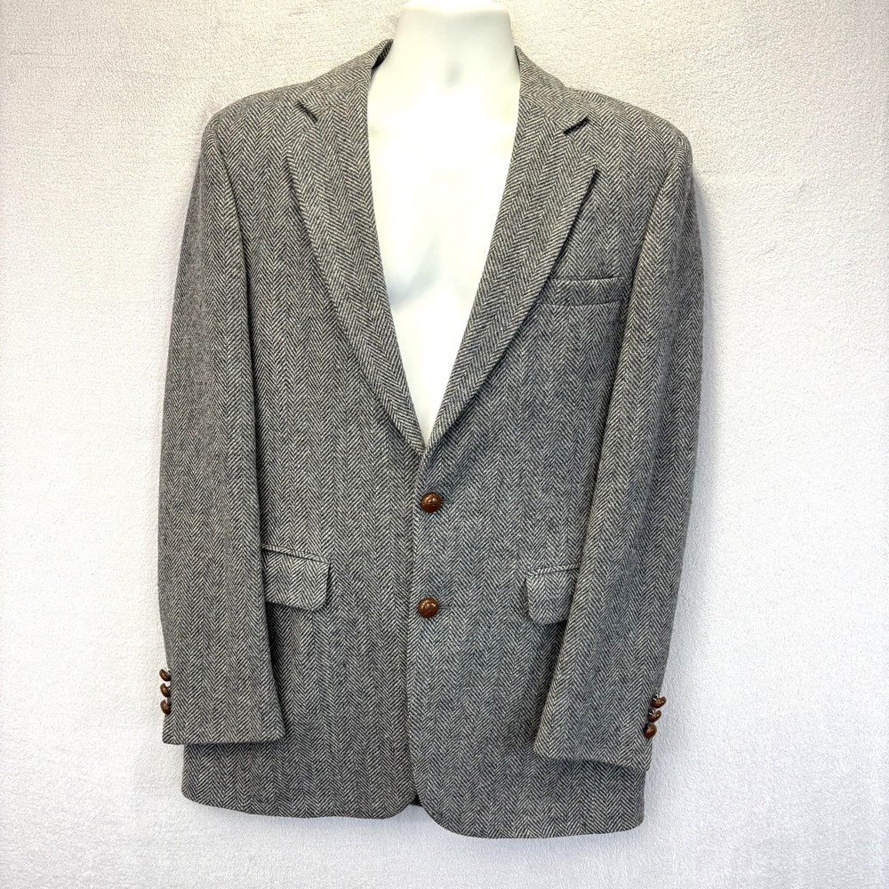 Vintage 90s Herringbone Tweed Blazer Sport Coat Mens 40L Gray 2-Button Retro